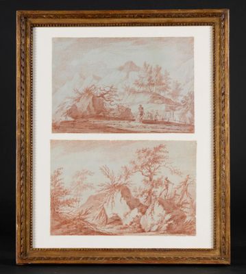 une paire de dessins représentant un paysage avec un homme et une femme