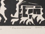 a black and white drawing of a house and a dog