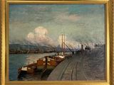 une peinture représentant une scène portuaire avec des bateaux sur l'eau