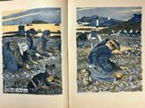 an open book with two pictures of people working in a field