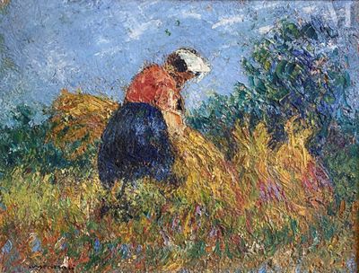 une peinture à l'huile représentant une femme dans un champ avec une balle de foin