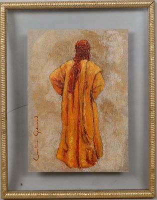 an oil painting of a man in a yellow robe standing in front of a white wall