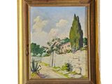 une peinture à l'huile représentant une route de campagne bordée d'arbres et de buissons