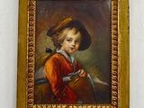 tableau représentant un jeune garçon vêtu d'un manteau et d'un bonnet rouges, tenant un livre
