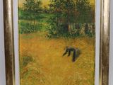 painting of a man walking through a field with a bird in the foreground