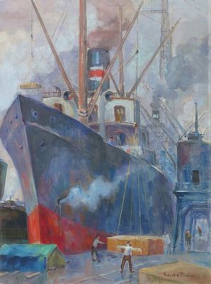 une peinture à l'huile représentant un grand navire amarré dans un port