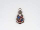 a red and blue pendant with a crown on it