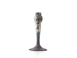 a black vase with a blue and white design on it