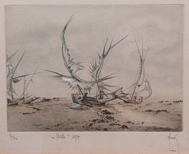 dessin représentant un bateau sur la plage, avec d'autres bateaux en arrière-plan