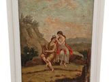 an old painting of two women sitting on a hill with a dog
