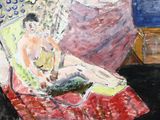 a painting of a woman sitting on a bed with a cat