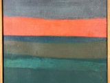 une peinture à l'huile représentant un paysage aux tons verts, orange et bleus, dans un cadre doré