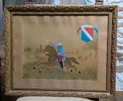 a picture of a man riding a horse with a kite