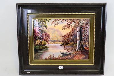 painting of a river scene with a boat in the foreground and trees in the background