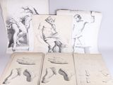 several drawings of a man sitting on a stool next to a pile of books