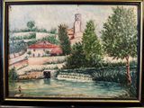an oil painting of a river with a church in the background