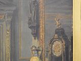 a painting of a man sitting at a table with a clock