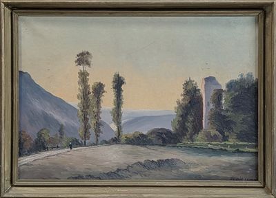une image d'un tableau représentant un paysage avec des arbres au premier plan