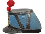 a blue and black hat with a red pom pom on top