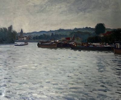 a painting of a river with boats on it