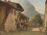 tableau représentant une scène de rue avec une calèche et des passants au bord de la route