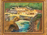 une peinture à l'huile représentant un pont enjambant un plan d'eau, avec un bâtiment en arrière-plan