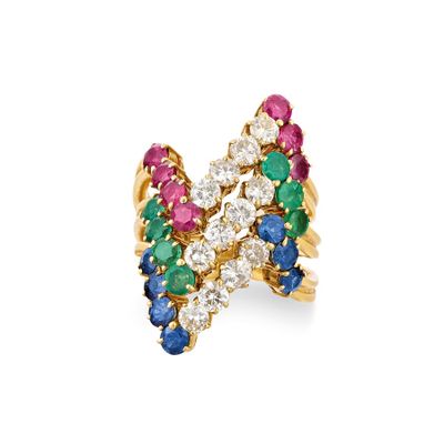 une bague sertie de saphirs multicolores, d'émeraudes et de diamants