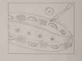 dessin représentant une assiette contenant un plat, avec une fourchette et une cuillère dessus
