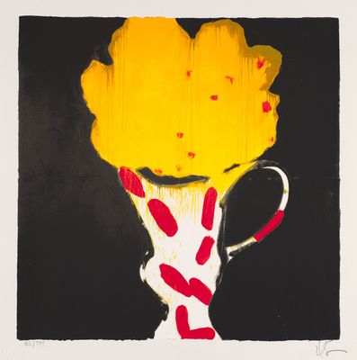 an image of a painting of a vase with a yellow flower in it