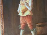 painting of a man holding a cat in his arms in a room
