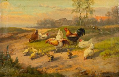 tableau représentant un troupeau de poulets dans un champ au bord d'une rivière