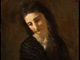 a painting of a woman with long hair in a black dress