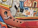 a painting of a man in a boat on the water