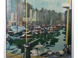 painting of boats in a harbor with buildings in the background