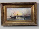 an oil painting of ships in the water with a sunset in the background