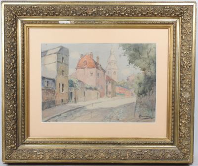 une image représentant une peinture d'une rue avec des bâtiments en arrière-plan