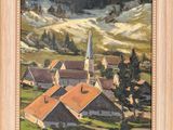 an oil painting of a village in the mountains with a church in the distance
