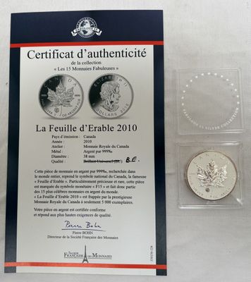 certificat d'authenticité d'une pièce d'argent émise par la Monnaie des États-Unis