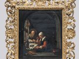 un vieux tableau représentant un homme et une femme jouant d'un instrument de musique