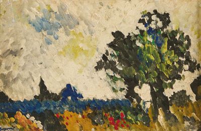 painting of a painting of a tree in a field with a sky in the background