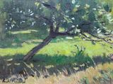a painting of a tree in the middle of a field