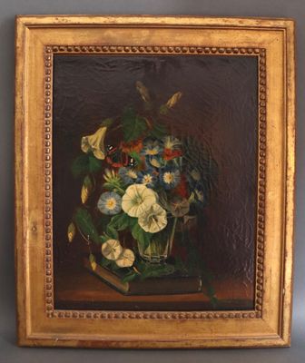a painting of flowers in a glass vase on a table