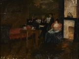 peinture d'un groupe de personnes assises autour d'une table dans une pièce