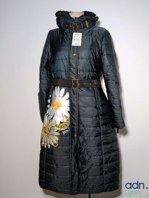 woman ' s long black coat with flower embroidery and belt