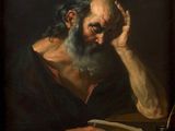 a painting of an old man reading a book while sitting at a table
