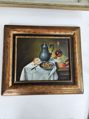 a painting of a tea pot and a bowl of fruit on a table