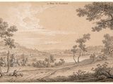 dessin représentant un paysage avec une rivière et des arbres au premier plan