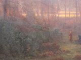 a painting of a man and a woman in a wooded area