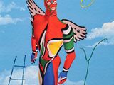 un tableau représentant un homme qui vole dans le ciel