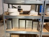 a shelf with many boxes of food on it in a warehouse